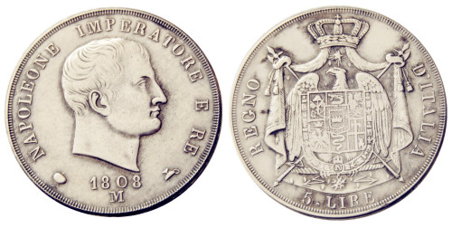 ITALIAN STATES, KINGDOM OF NAPOLEON, Napoleon I, 5 Lire, 1808M Silver Plated Copy Coin