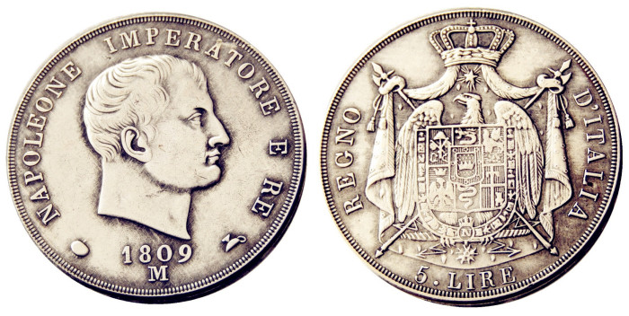 ITALIAN STATES, KINGDOM OF NAPOLEON, Napoleon I, 5 Lire, 1809M Silver Plated Copy Coin