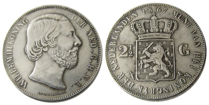 Netherlands 2 1/2 Gulden 1867 Willem lll Silver Plated Copy Decorative Coin