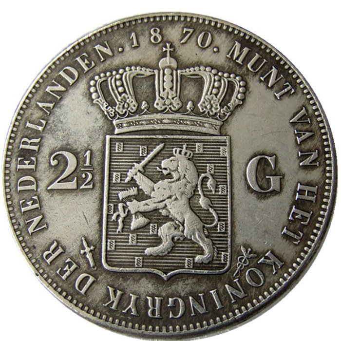Netherlands 2 1/2 Gulden 1870 Willem lll Silver Plated Copy Decorative Coin