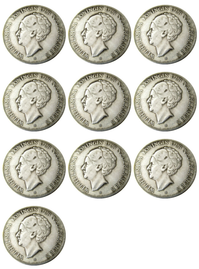 Netherlands,A Set Of(1929-1943) 10pcs 2 1/2 Gulden Wilhelmina Silver Plated Copy Coin