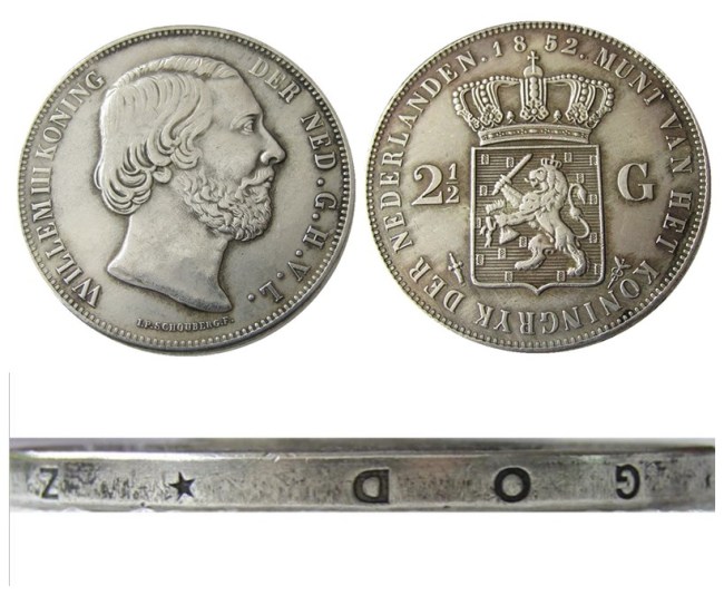 Netherlands 2 1/2 Gulden 1852 Willem lll Silver Plated Copy Decorative Coin