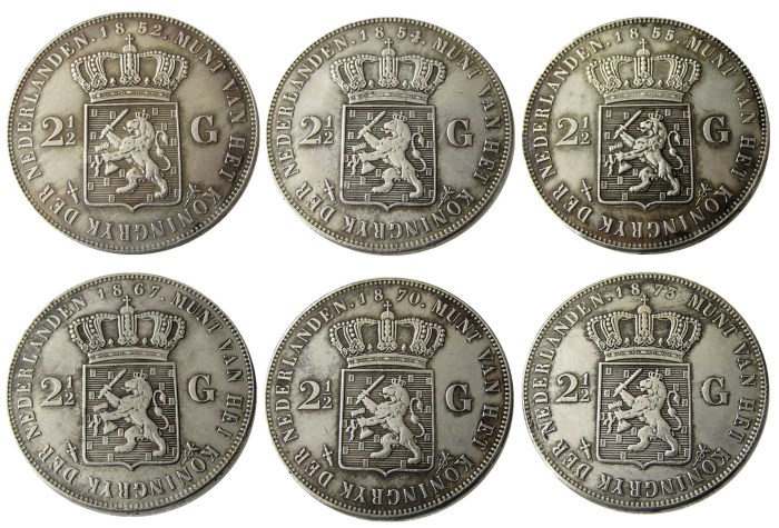 Netherlands,A set of 1852-1873 6pcs 2 1/2 Gulden Willem lll Silver Plated Copy Decorative Coin