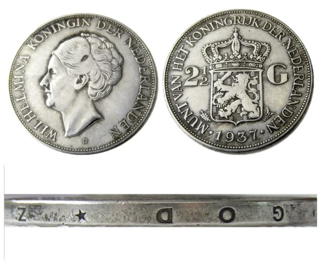 Netherlands 2 1/2 Gulden 1937 Wilhelmina Silver Plated Copy Coin
