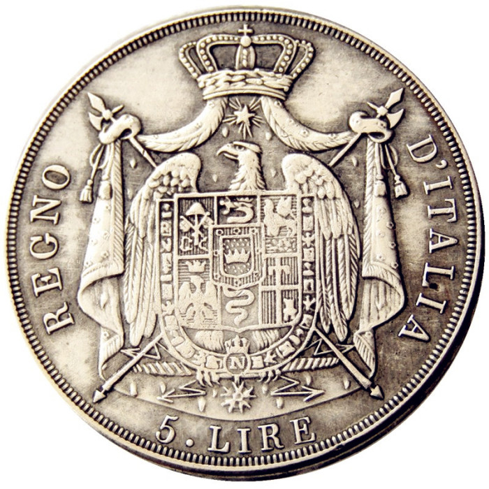 ITALIAN STATES, KINGDOM OF NAPOLEON, Napoleon I, 5 Lire, 1809M Silver Plated Copy Coin