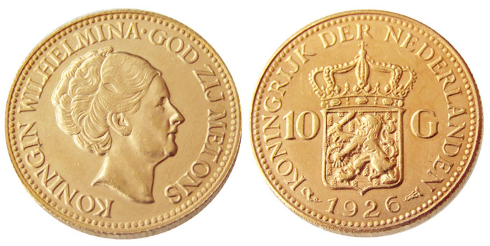 Netherlands 1926 Wilhelmina I, 10 Gulden Gold Plated Copy Coin