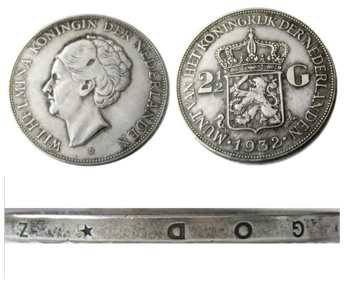 Netherlands 2 1/2 Gulden 1932 Wilhelmina Silver Plated Copy Coin