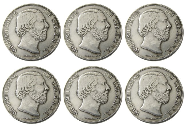 Netherlands,A set of 1852-1873 6pcs 2 1/2 Gulden Willem lll Silver Plated Copy Decorative Coin