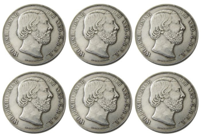 Netherlands,A set of 1852-1873 6pcs 2 1/2 Gulden Willem lll Silver Plated Copy Decorative Coin