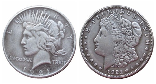 Copy Us Morgan 1921 / 1921 Peace Two Faces Silver Plated Copy Coin
