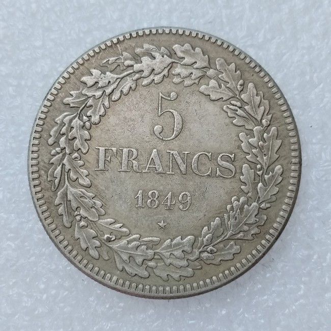 Belgium 5 Francs 1849 Silver Plated Copy Coin 37mm
