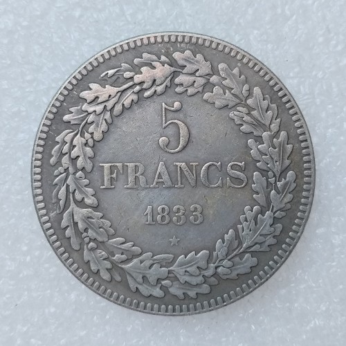 Belgium 5 Francs 1833 Silver Plated Copy Coin 37mm