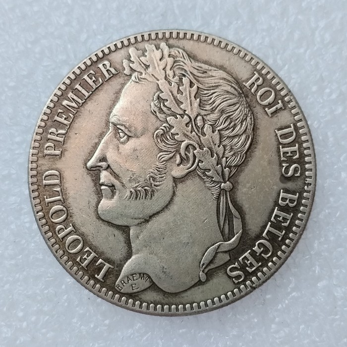 Belgium 5 Francs 1835 Silver Plated Copy Coin 37mm