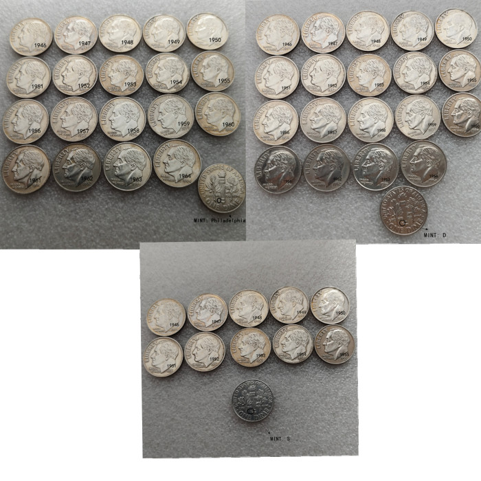 US A Set Of 1946-1964 PDS 48PCS Roosevelt Dime Silver Plated Copy Coin