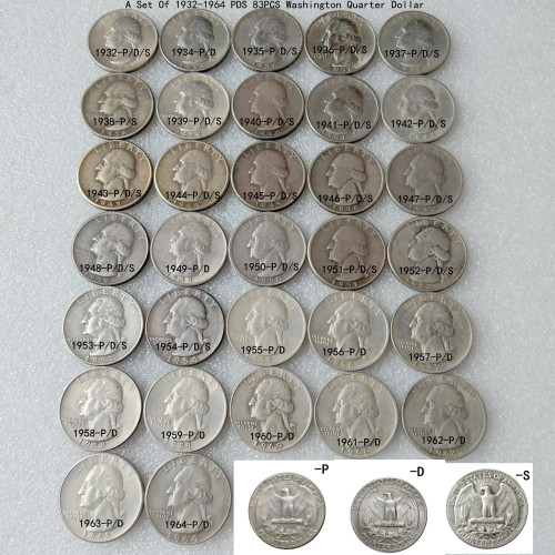 US A Set Of 1932-1964 PDS 83PCS Washington Quarter Dollar Silver Plated Copy Coins