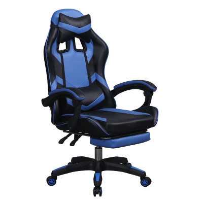 Cheap black and blue faux leather gaming chair with footrest