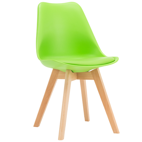 Green cushioned scandinavian dining chair with wood legs