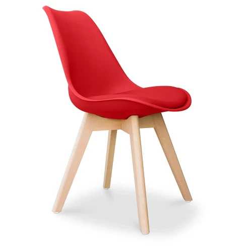 Red cushioned scandinavian dining chair with wood legs
