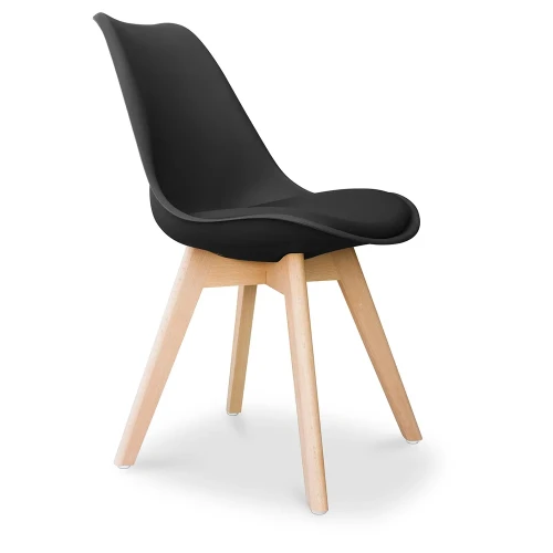 Black cushioned scandinavian dining chair with wood legs