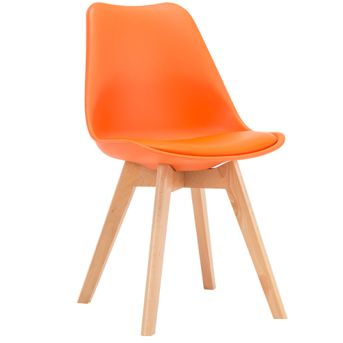 Orange cushioned scandinavian dining chair with wood legs