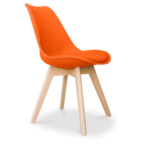 Orange cushioned scandinavian dining chair with wood legs