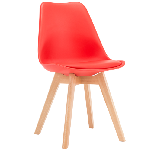 Red cushioned scandinavian dining chair with wood legs