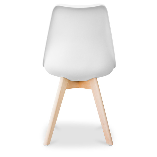 White cushioned scandinavian dining chair with wood legs