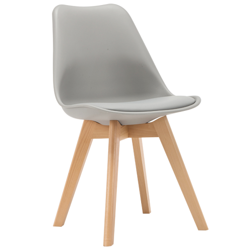 Grey cushioned scandinavian dining chair with wood legs