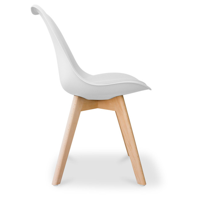 White cushioned scandinavian dining chair with wood legs