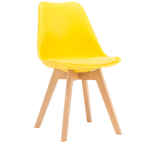Yellow cushioned scandinavian dining chair with wood legs