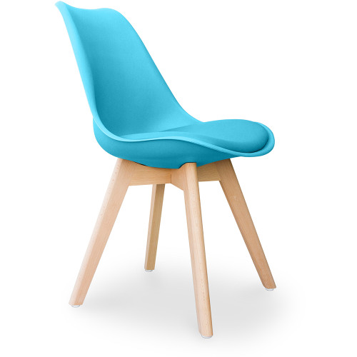Turquoise cushioned scandinavian dining chair with wood legs