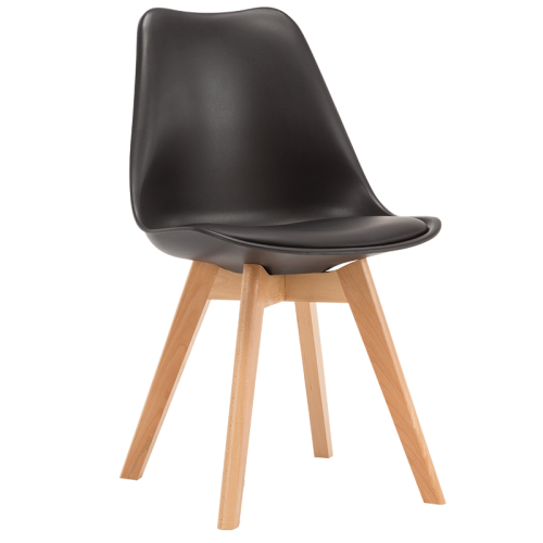 Black cushioned tulip dining chair with wood legs