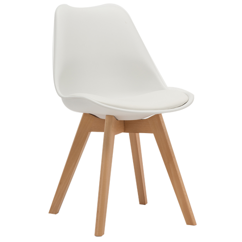 White cushioned tulip dining chair with wood legs