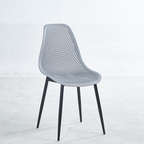 Grey plastic dining chair with black painted metal legs