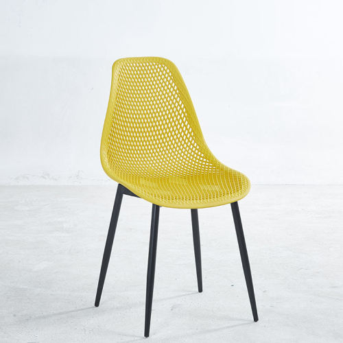 Yellow plastic dining chair with black painted metal legs