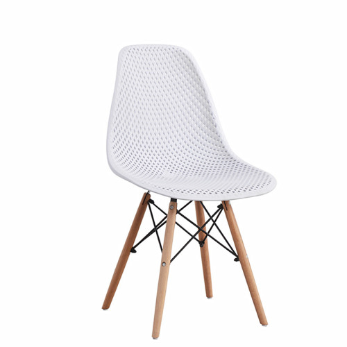 White plastic chairs with eiffel wood legs