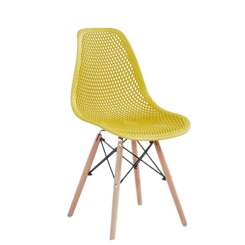 Yellow plastic chairs with eiffel wood legs