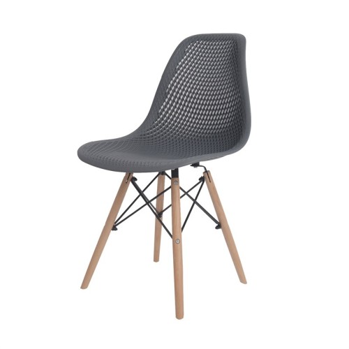 Grey plastic chairs with eiffel wood legs