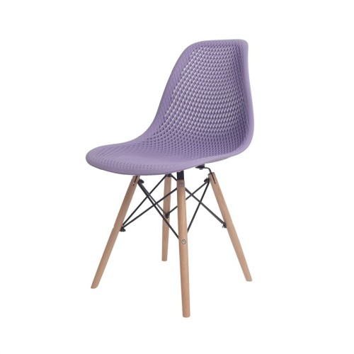 Purple plastic chairs with eiffel wood legs