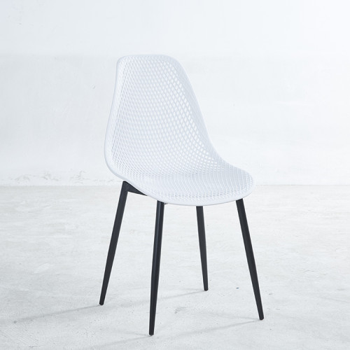 White plastic dining chair with black painted metal legs