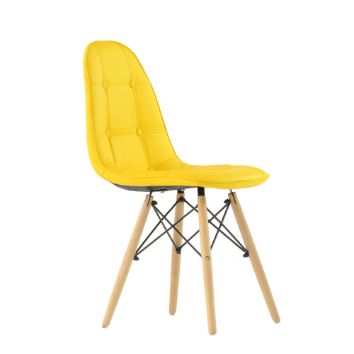  Yellow faux leather side dining chair with eiffel wood legs