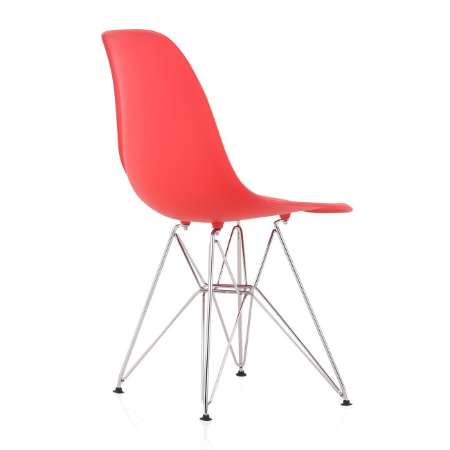 DSR Molded Red Plastic Shell Dining Chair with chromed metal Legs