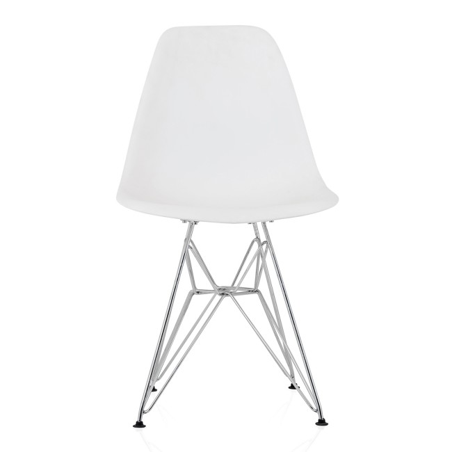 DSR Molded White Plastic Shell Dining Chair with chromed metal Legs