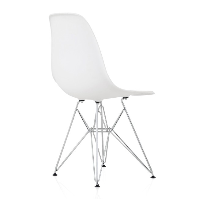 DSR Molded White Plastic Shell Dining Chair with chromed metal Legs
