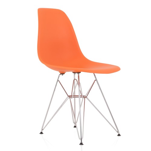 DSR Molded Orange Plastic Shell Dining Chair with chromed metal Legs
