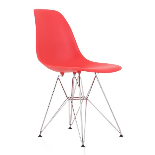 DSR Molded Red Plastic Shell Dining Chair with chromed metal Legs