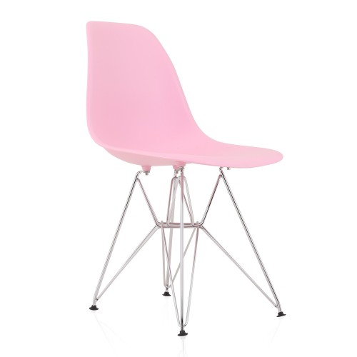 DSR Molded Pink Plastic Shell Dining Chair with chromed metal Legs