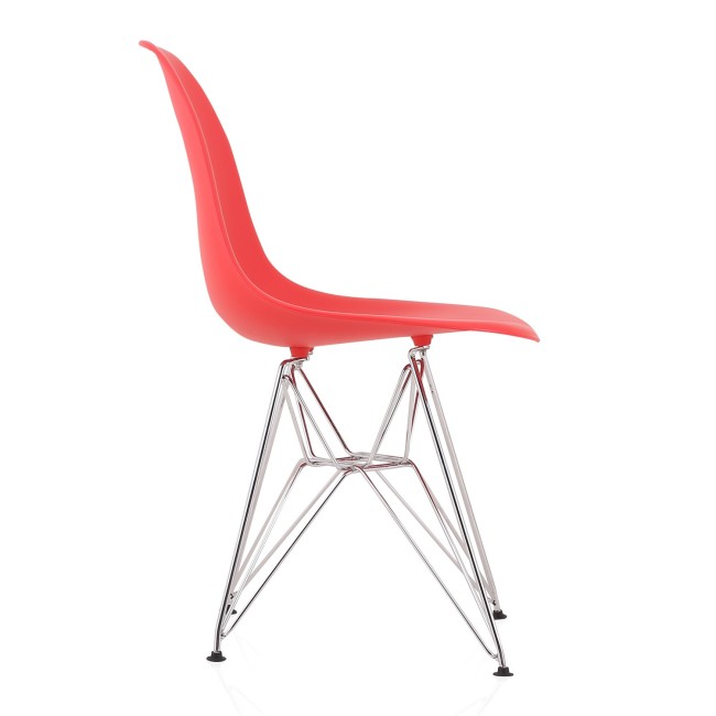 DSR Molded Red Plastic Shell Dining Chair with chromed metal Legs