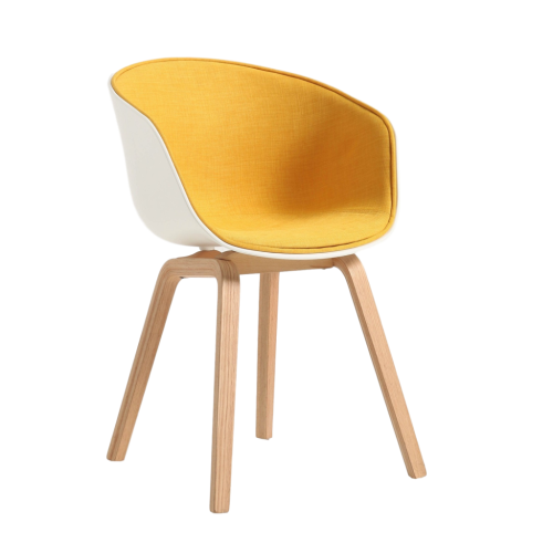 Nordic yellow fabric covered cafe dining armchair with wood legs