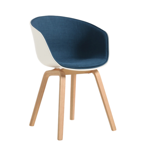 Nordic navy blue fabric covered cafe dining armchair with wood legs